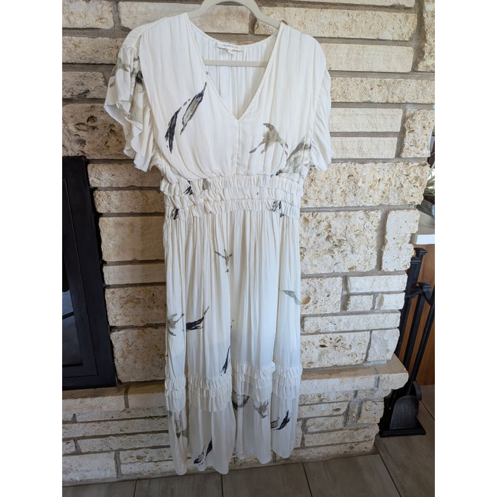 Women's Grade & Gather Cream & Black Bird Print Smocked Midi Dress Size S
